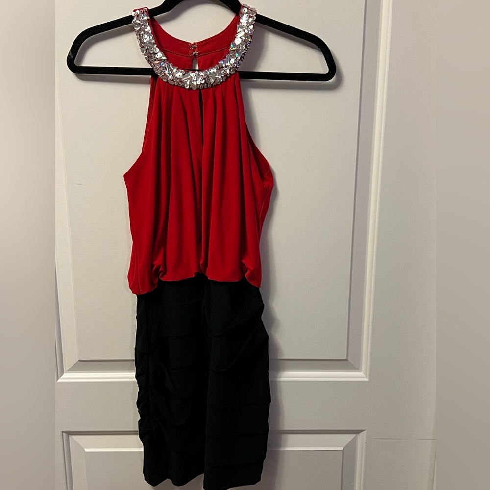 WAY-IN CLOTHING CO. Red and Black Mini Dress with Jeweled Halter Neckline